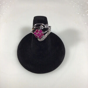 Gorgeous Pave Cubic Zirconia and Ruby Flower Silver Fashion Ring - Size 8